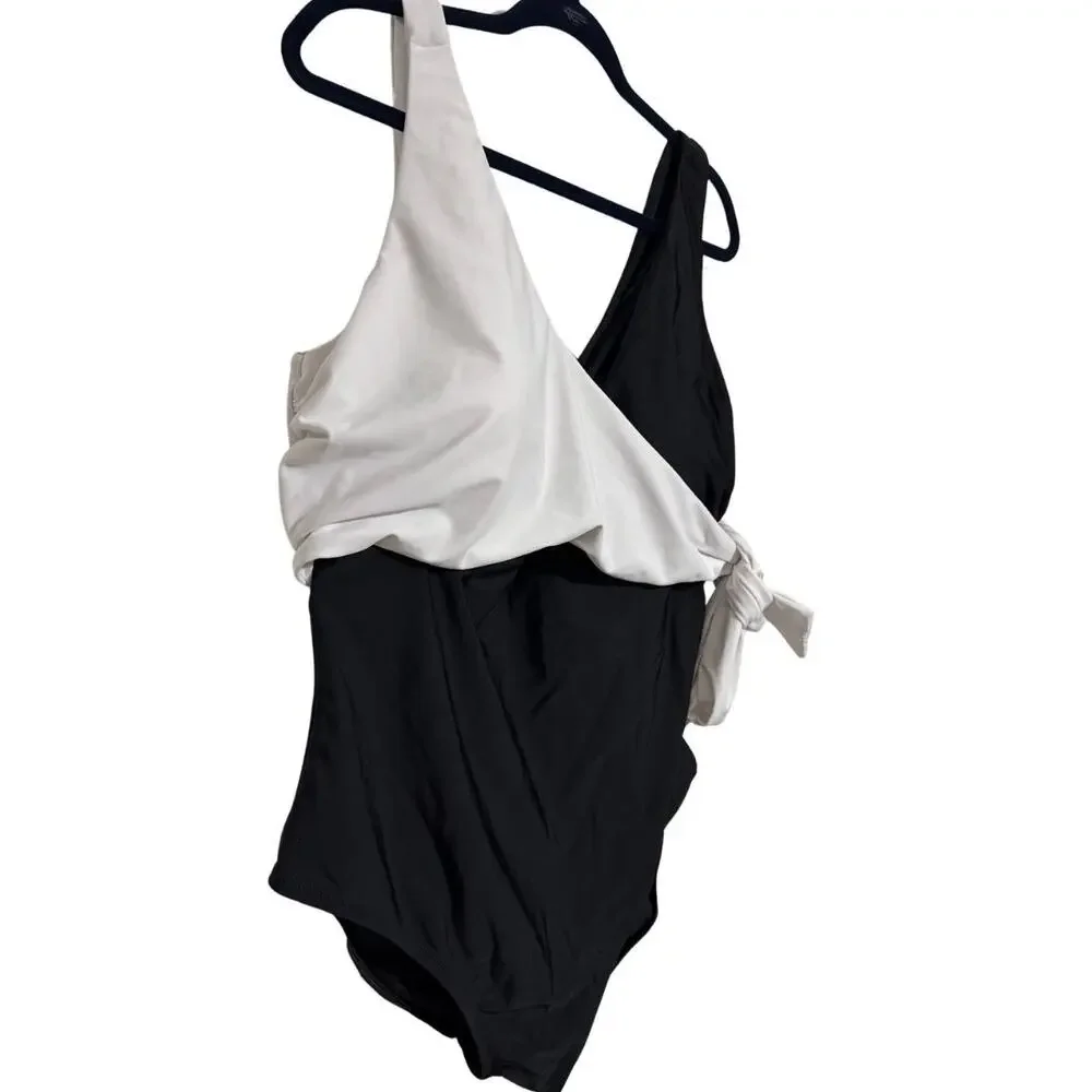 RAISINS CURVE One Piece Swimsuit 20W Black White Wrap Tummy Control NWT